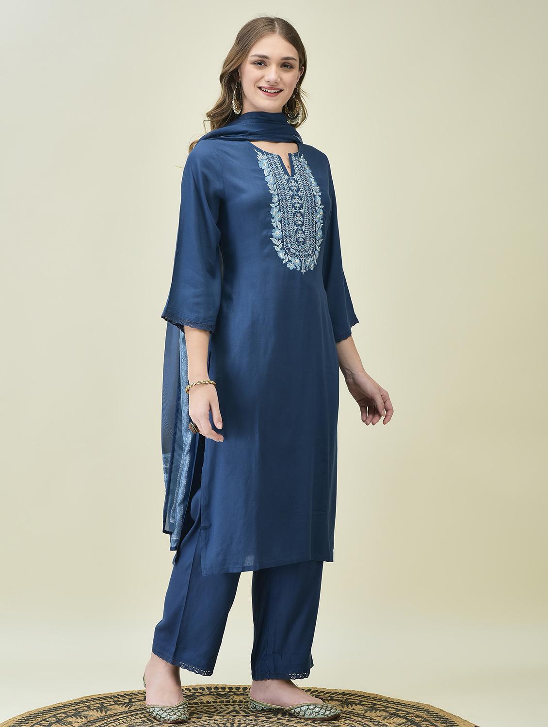 women embroidered three quarter sleeve kurta comfort pant dupatta - 21689744 - Standard Image - 2