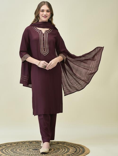 women three quarter sleeve kurta pant with dupatta set - 21689749 - Standard Image - 0