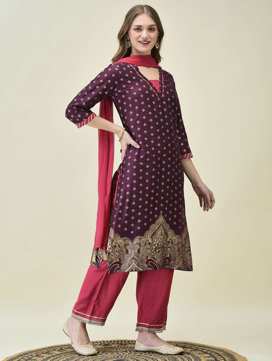 women three quarter sleeve kurta pant with dupatta set - 21689753 -  Standard Image - 2