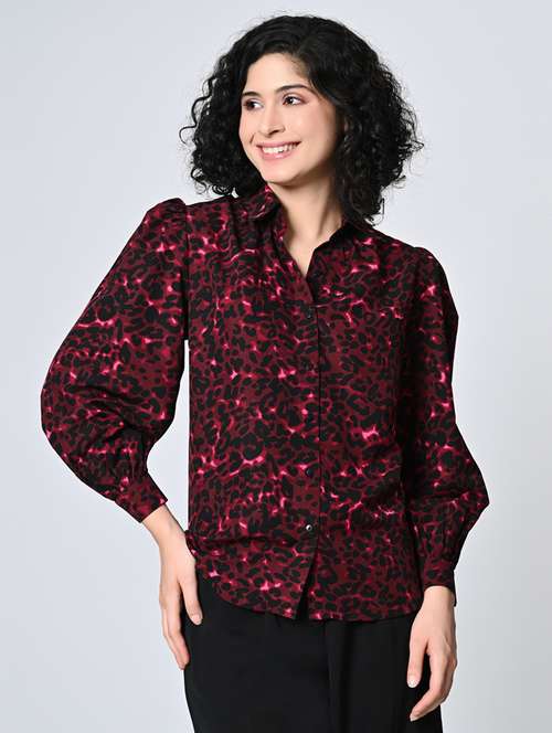 women printed collared puff sleeves shirt - 21689893 - Standard Image - 0