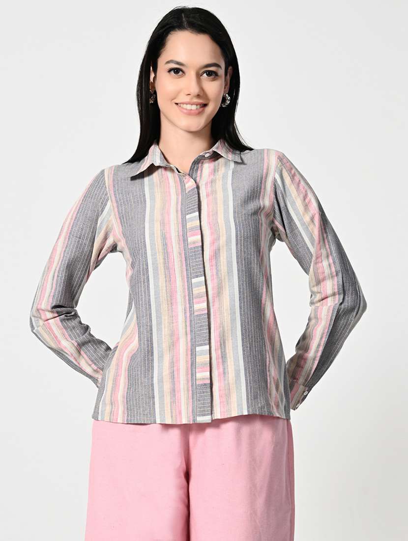 women striped collared long sleeeves regular shirt - 21689895 -  Zoom Image - 0