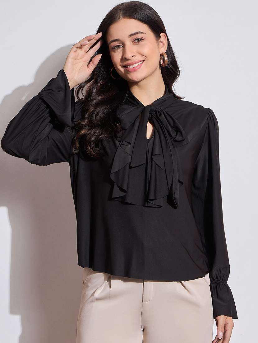 women solid tie up neck ruffled detailed puff sleeves top