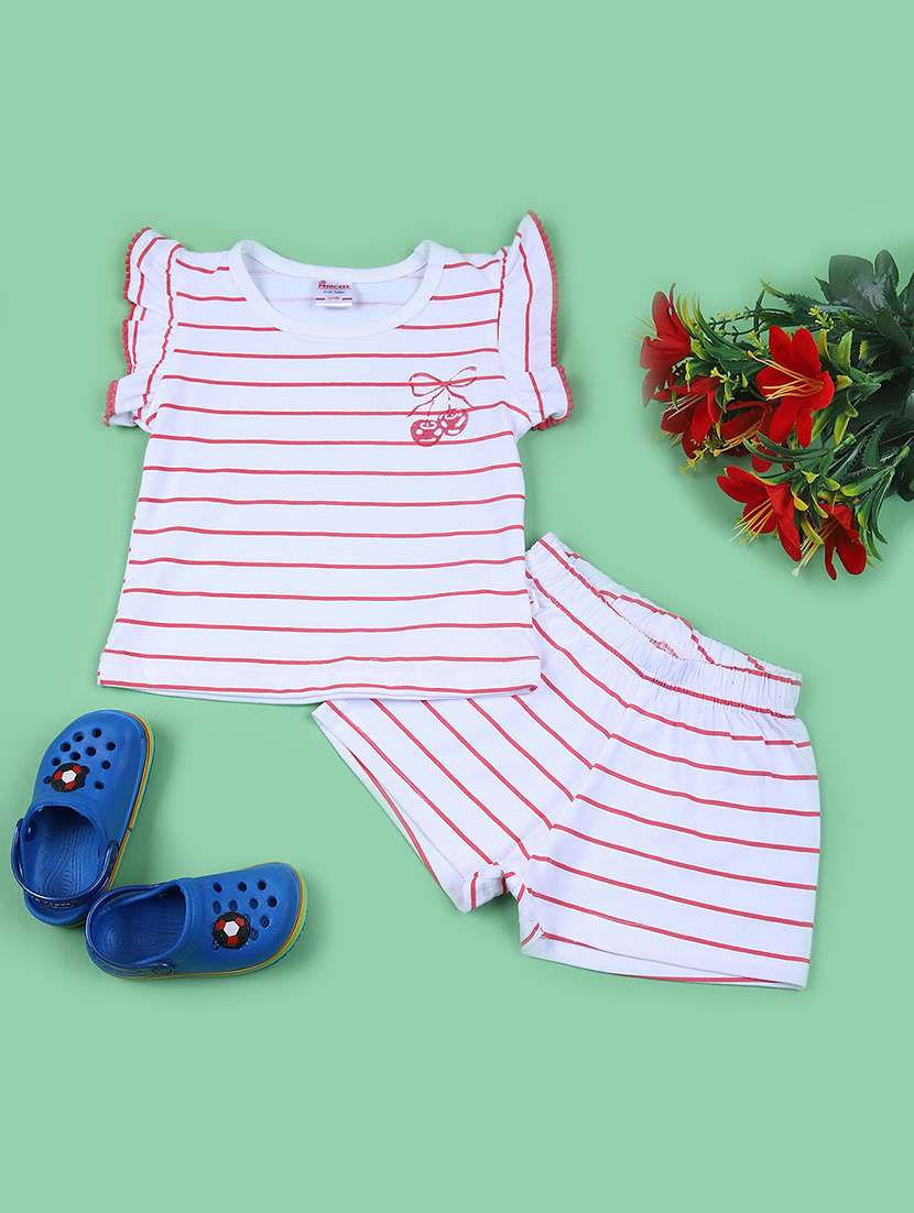girls round neck striped t-shirt & shorts set