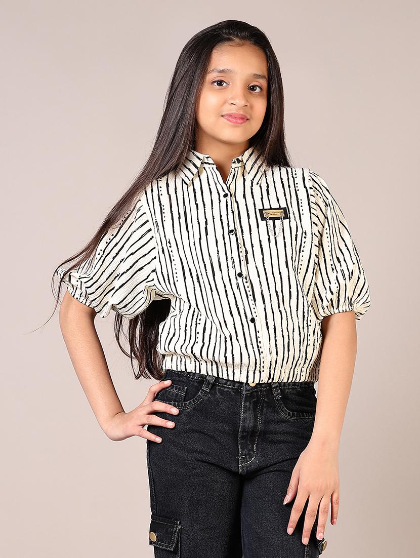 girls white striped printed puff sleeve top