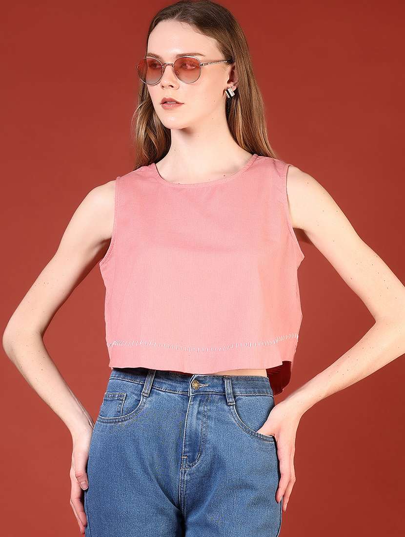 women pink solid sleeveless crop top