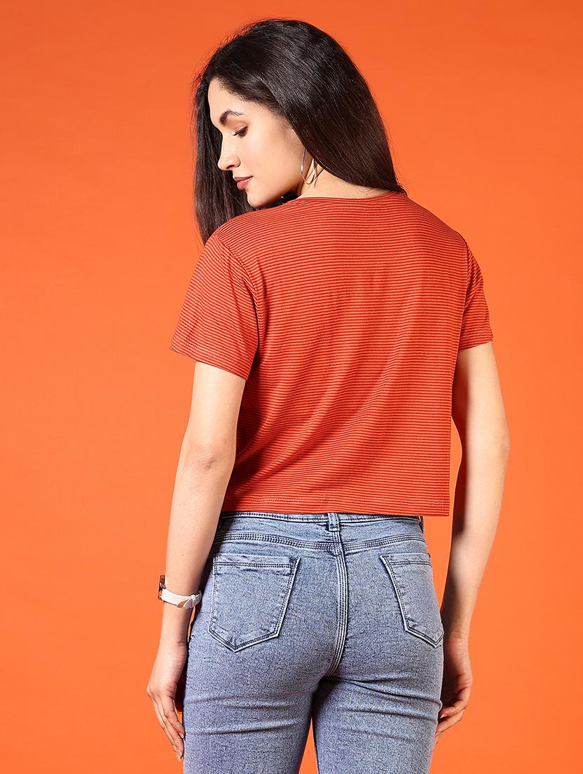 women striped round neck crop t-shirt - 21690036 - Standard Image - 2