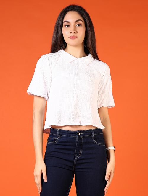 women white solid short sleeve crop top - 21690044 -  Standard Image - 0