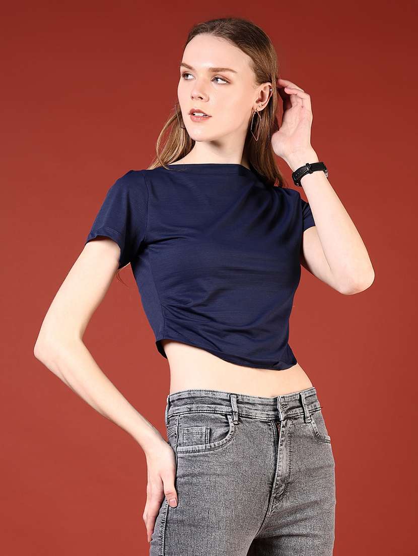 women navy blue solid short sleeve crop top - 21690047 -  Standard Image - 2