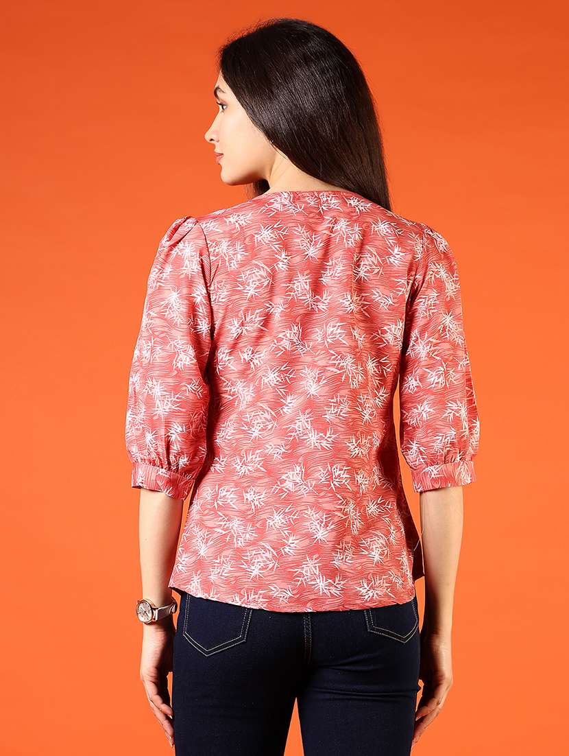 women peach printed three quarter sleeve regular top - 21690052 -  Standard Image - 2