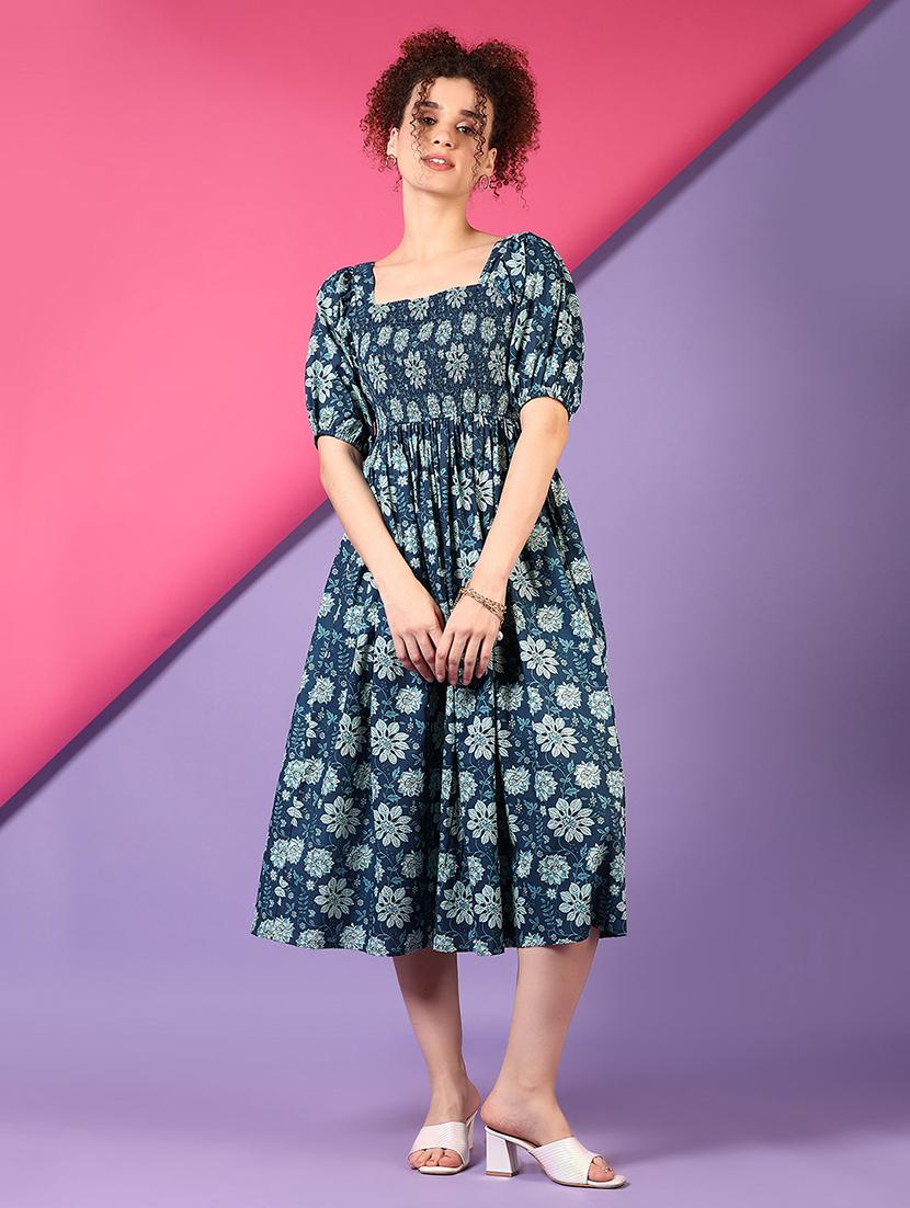 women blue floral printed puff sleeve fit & flare dress - 21690567 - Zoom Image - 0