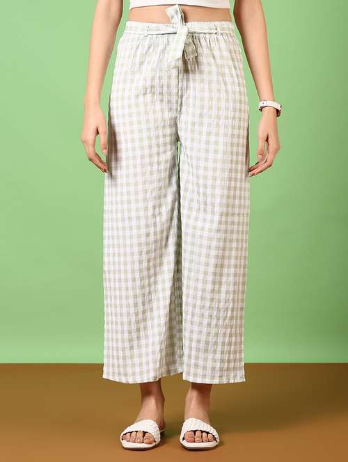 women checkered mid rise wide leg trouser - 21690574 -  Standard Image - 0
