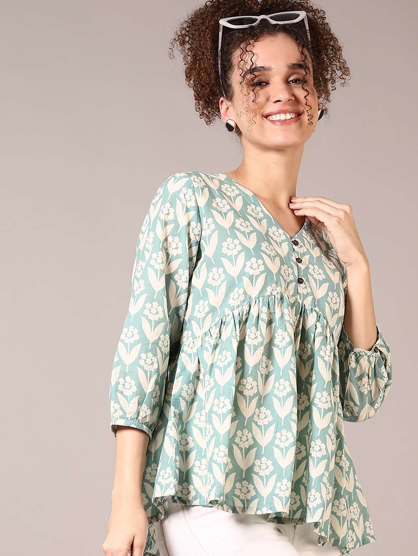 women floral printed three quarter sleeve peplum top - 21690595 -  Standard Image - 2