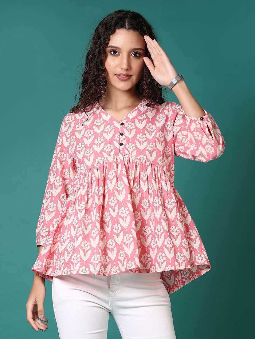 women floral printed v neck flared top
