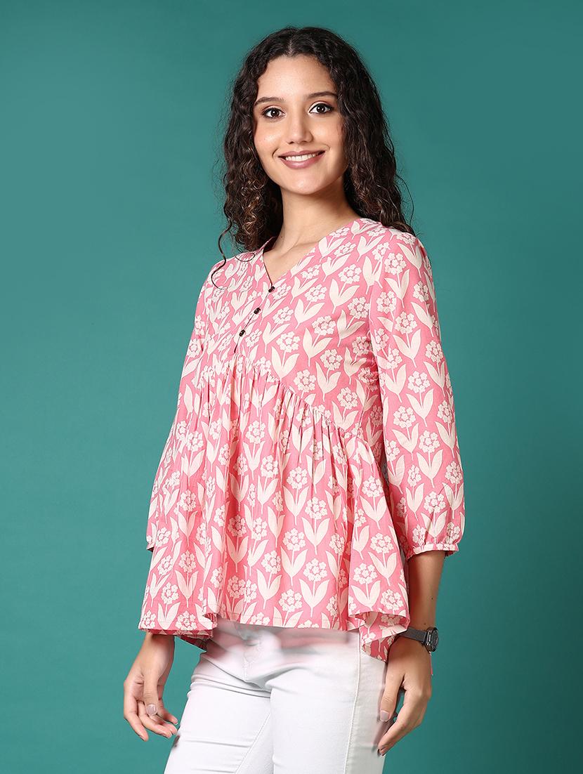 women floral printed v neck flared top - 21690596 - Standard Image - 2