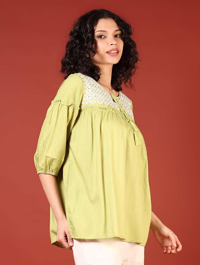 women embroidered puff sleeves flared kurti - 21690613 - Standard Image - 2