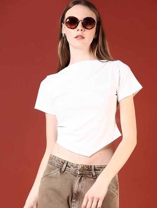 women solid boat neck crop top - 21690618 - Standard Image - 0