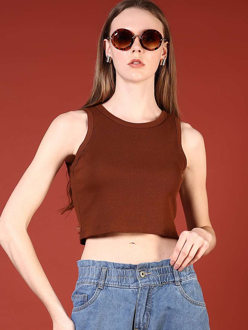 women solid sleeveless slim fit crop top