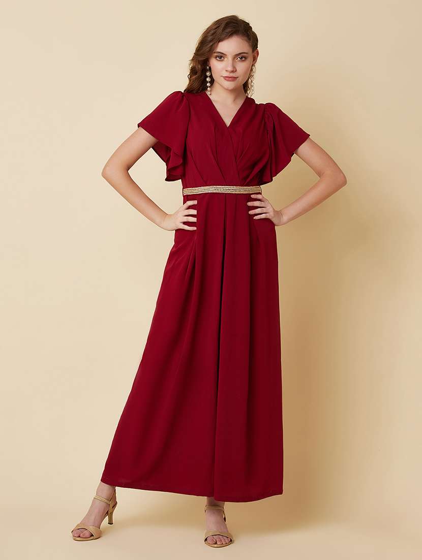 women red solid full leg jumpsuit with belt