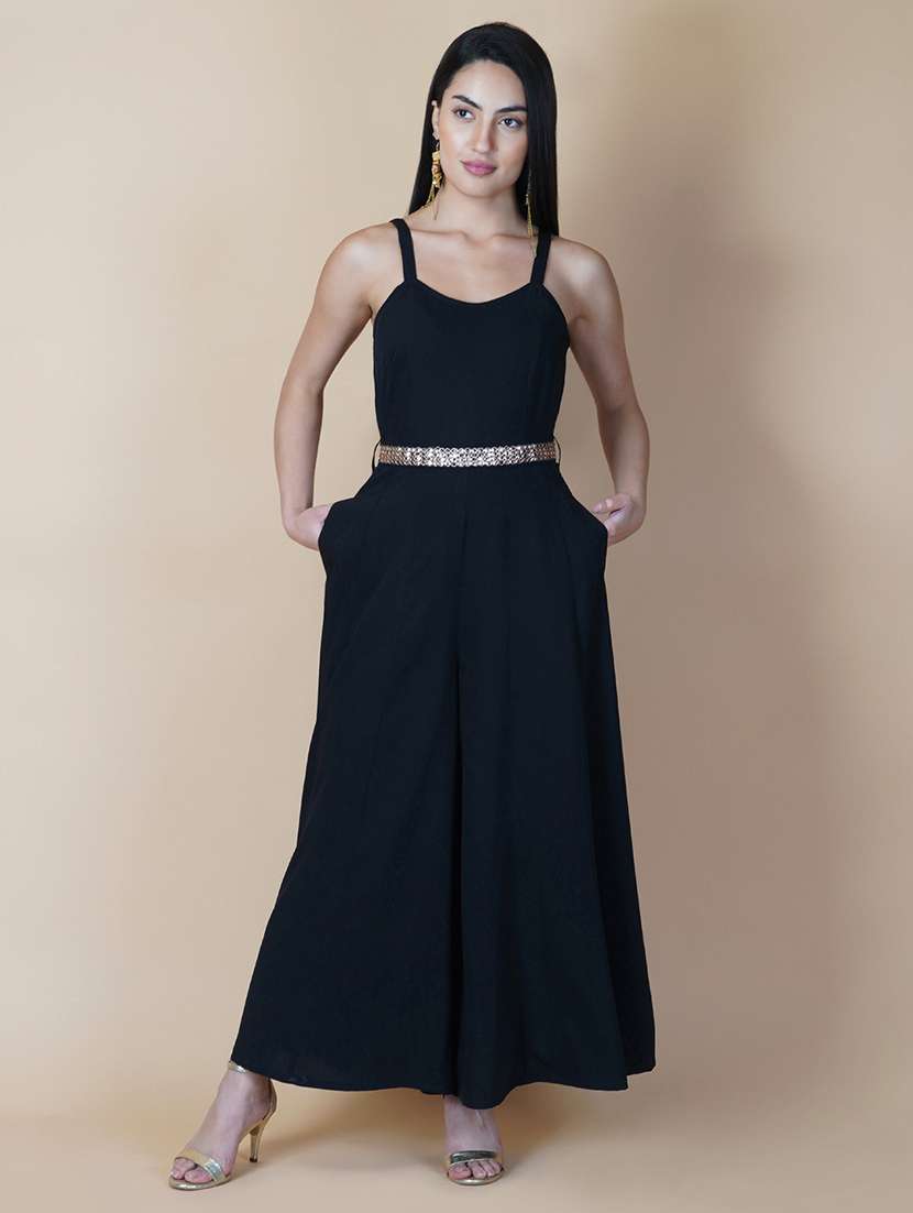 women sleeveless solid full leg jumpsuit with belt