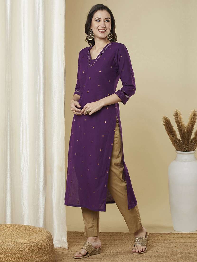 women self design three quarter sleeve straight kurta - 21691047 -  Standard Image - 2