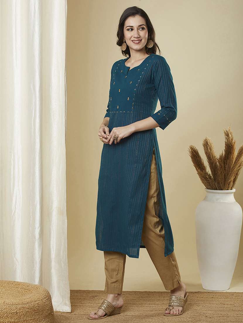 women self design three quarter sleeve straight kurta - 21691048 -  Standard Image - 2