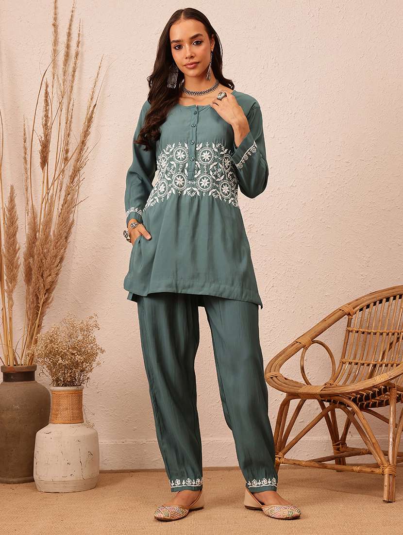 women long sleeve chikankari ethnic co-ord set