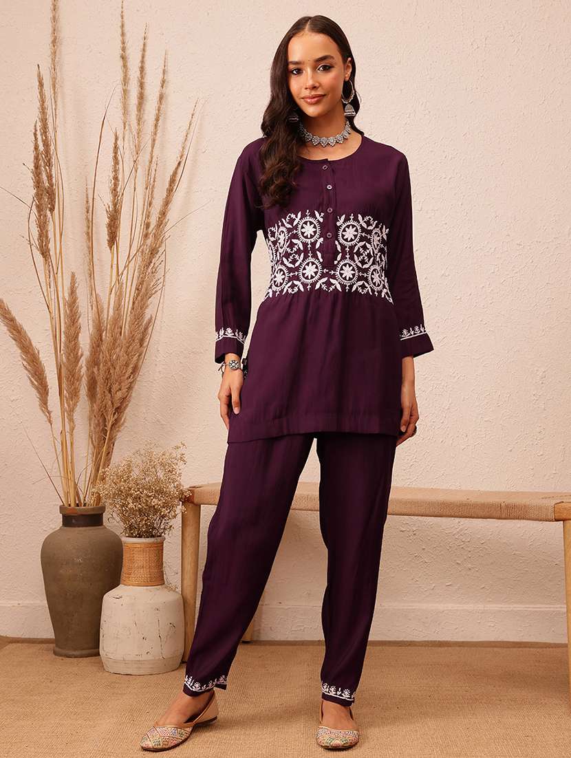 women long sleeve chikankari ethnic co-ord set