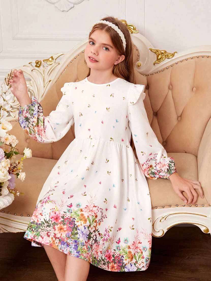 girls beige floral printed fit & flare dress - 21691089 - Standard Image - 2