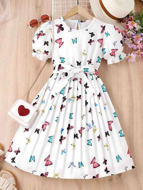 girls white printed puff sleeve frock