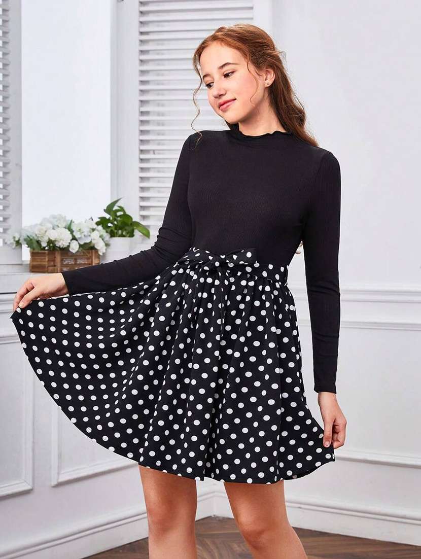 girls polka dot print long sleeve fit & flare dress - 21691129 - Standard Image - 2