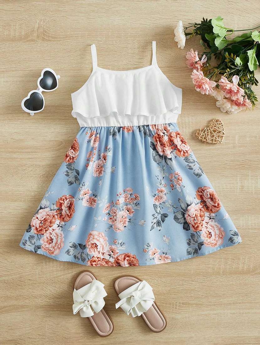 Girls Floral Printed Shoulder Strap Neck Frock