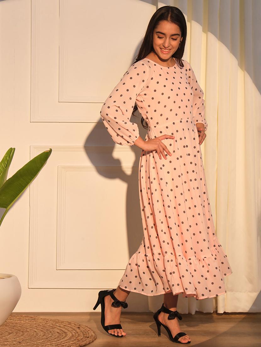 girls peach polka dot round neck dress - 21691251 - Standard Image - 2