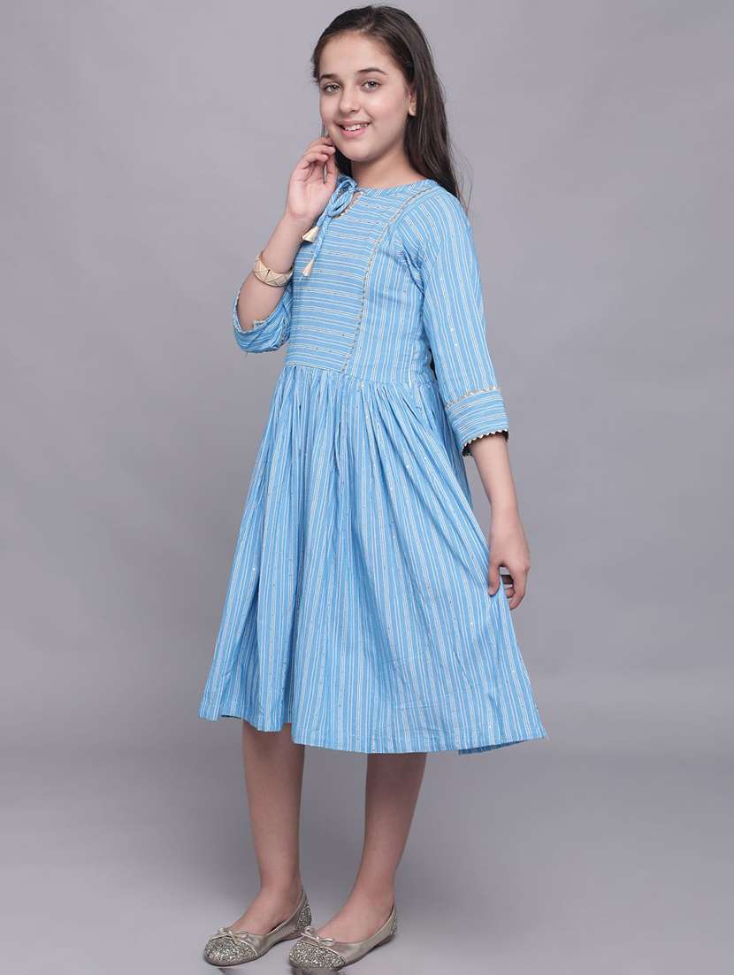 girls light blue striped tie up neck dress - 21691255 - Standard Image - 2
