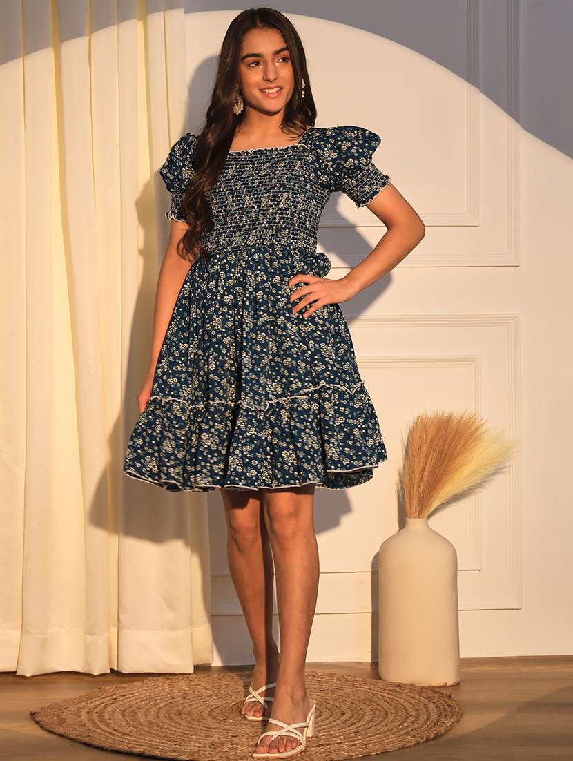 girls floral printed square neck tiered dress