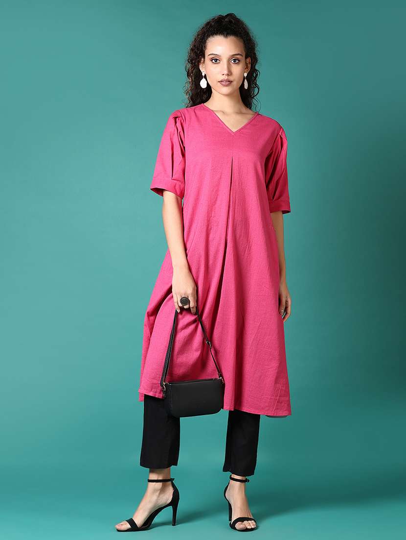 women solid short sleeve a-line kurta