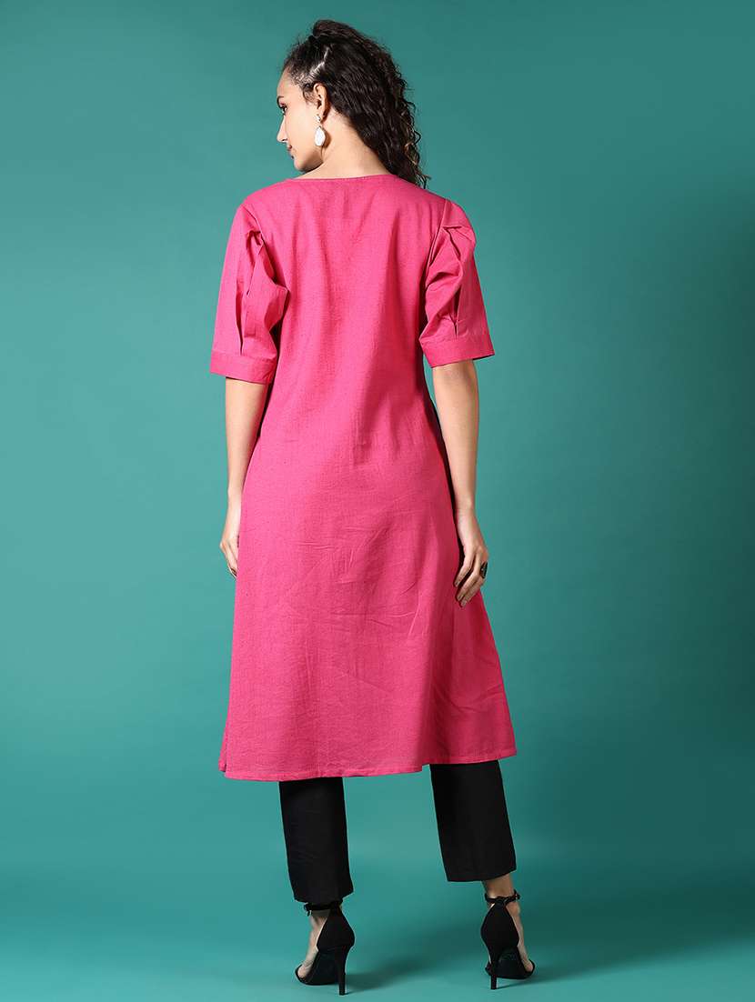 women solid short sleeve a-line kurta - 21691387 -  Standard Image - 2