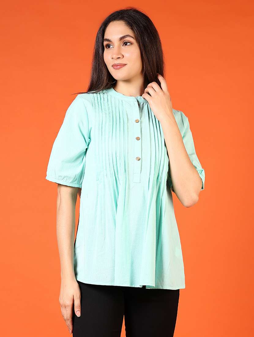 women solid short sleeve a-line kurti