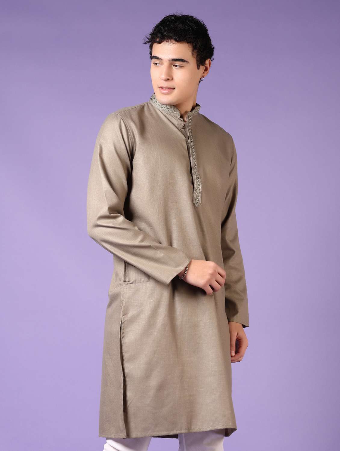 men embroidered mandarin neck long sleeve kurta - 21691415 -  Standard Image - 2
