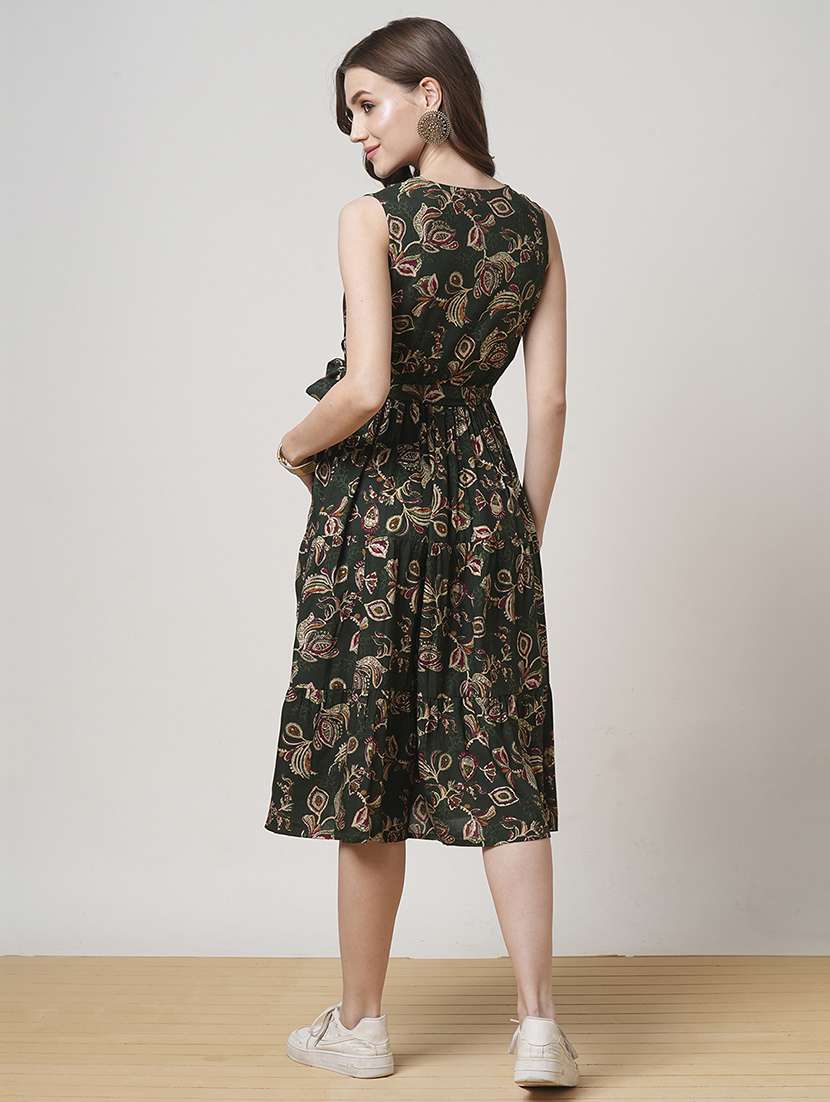 women bottle green printed tiered ethnic dress - 21691709 -  Standard Image - 2