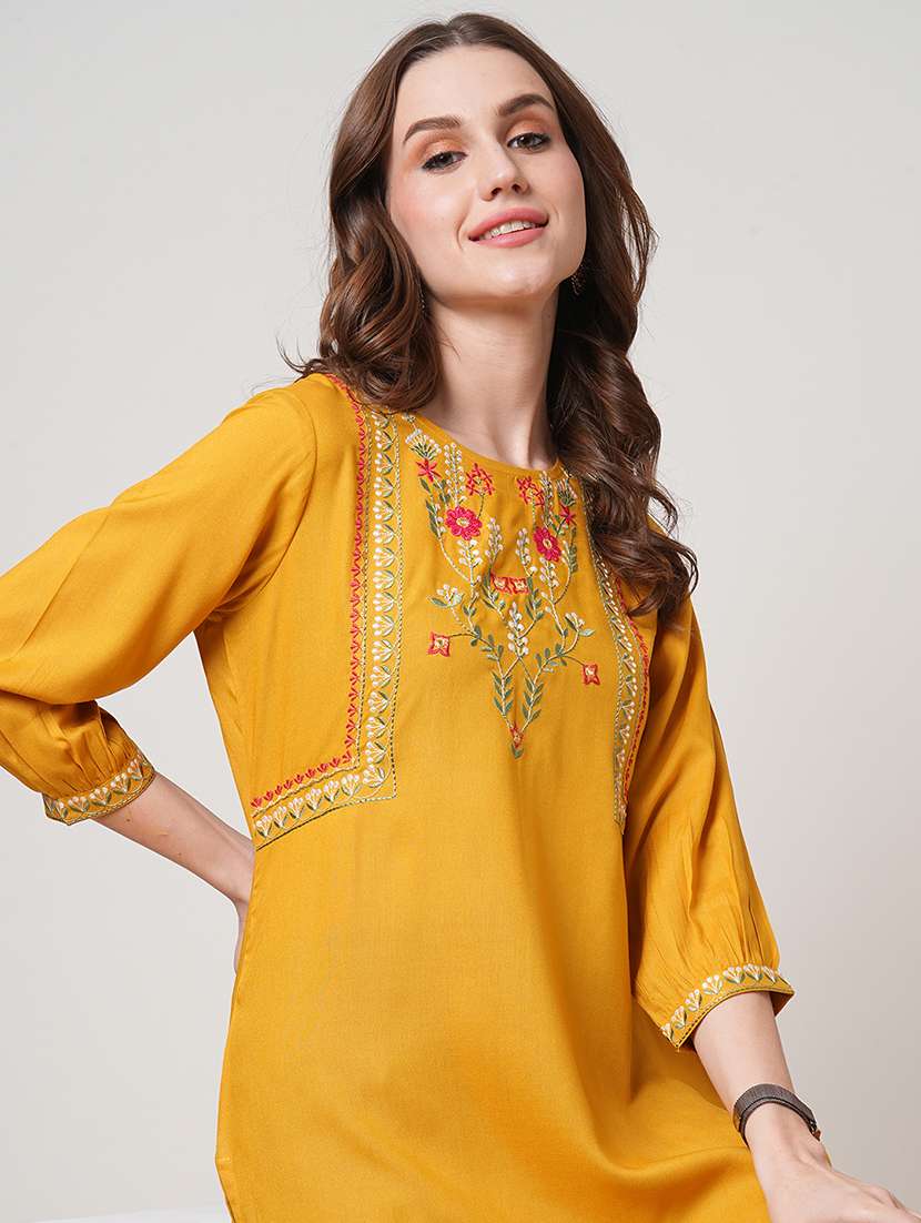 women mustard three quarter sleeve straight kurti - 21691710 -  Standard Image - 2