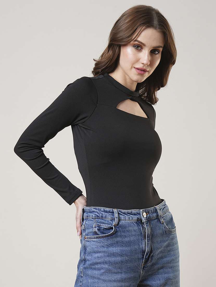 women long sleeves solid bodysuit top