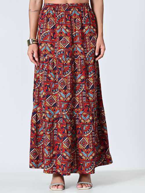 women printed high rise tiered maxi skirt - 21691807 -  Standard Image - 0
