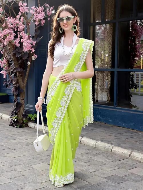 women lime embroidered saree with blouse - 21691811 - Standard Image - 0