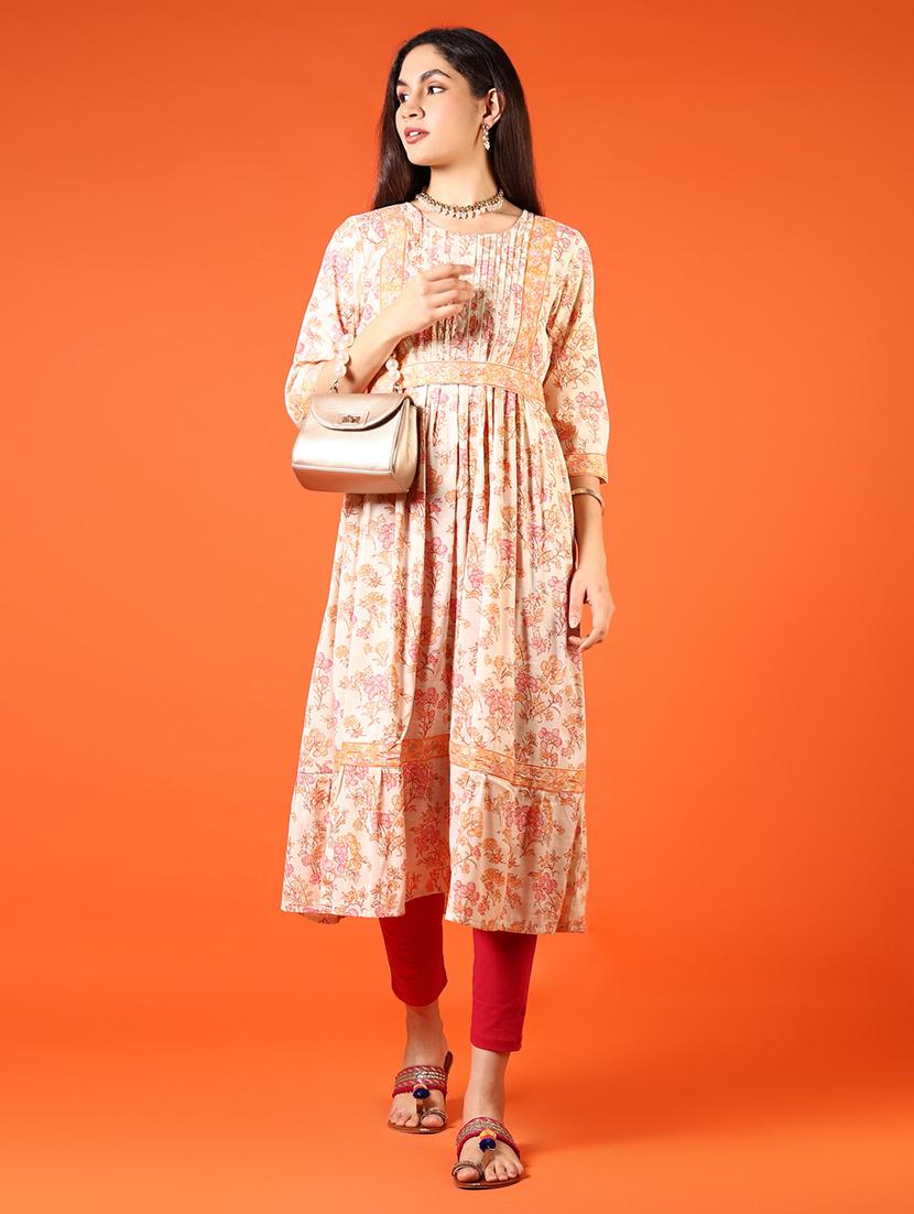 women orange floral three quarter sleeve flared kurta - 21691878 - Zoom Image - 0