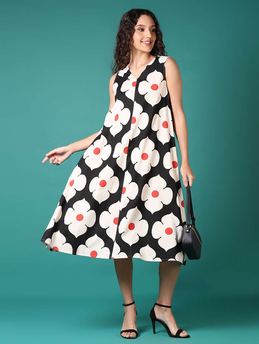 women black printed v neck a-line dress - 21691879 -  Zoom Image - 0