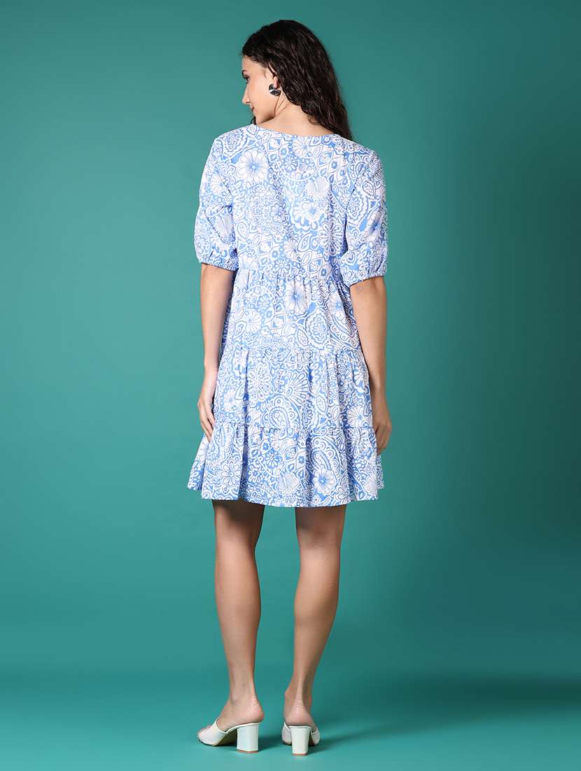 women light blue printed v neck tiered dress - 21691880 - Standard Image - 2