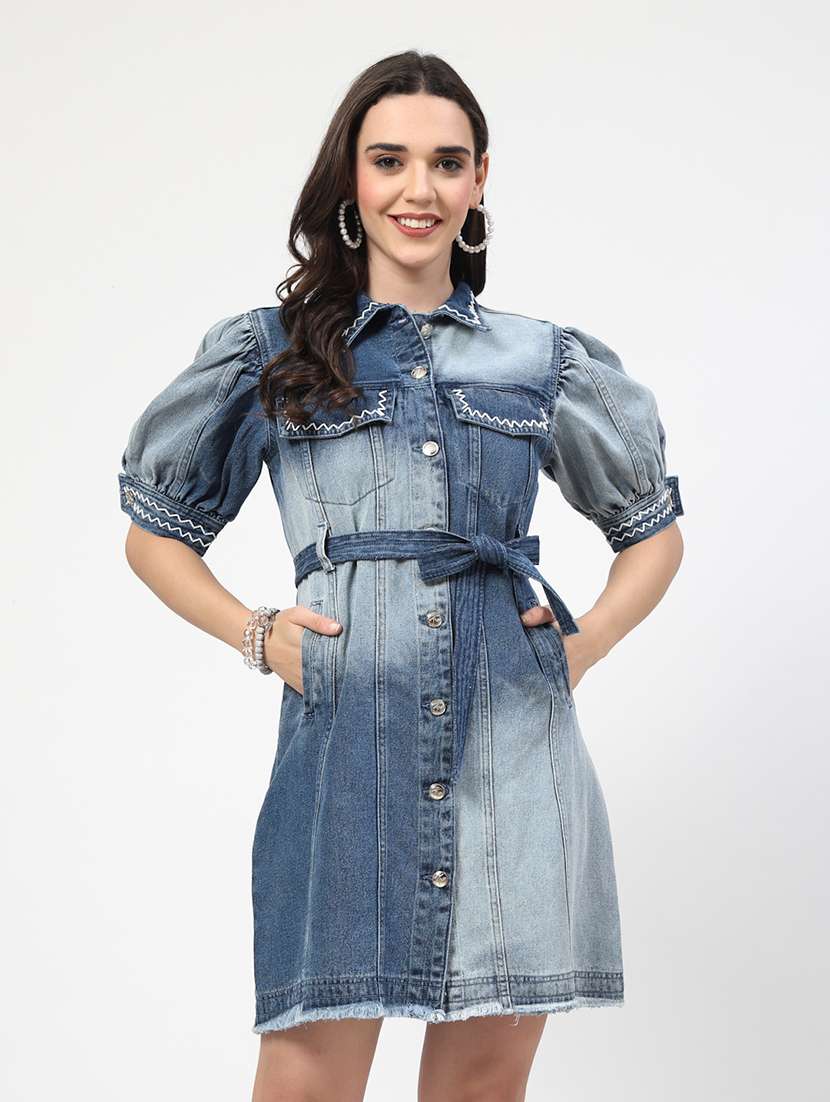 women puff sleeves acid washed shirt dress