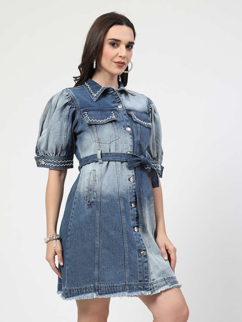 women puff sleeves acid washed shirt dress - 21692062 -  Standard Image - 2