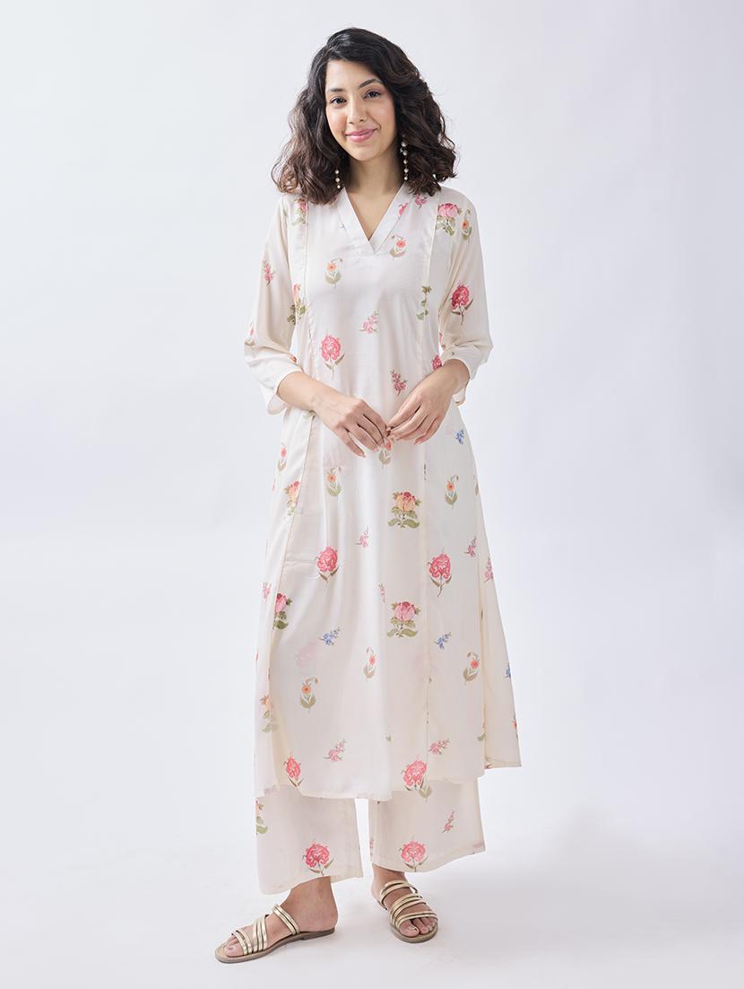 women white floral printed kurta palazzo set 