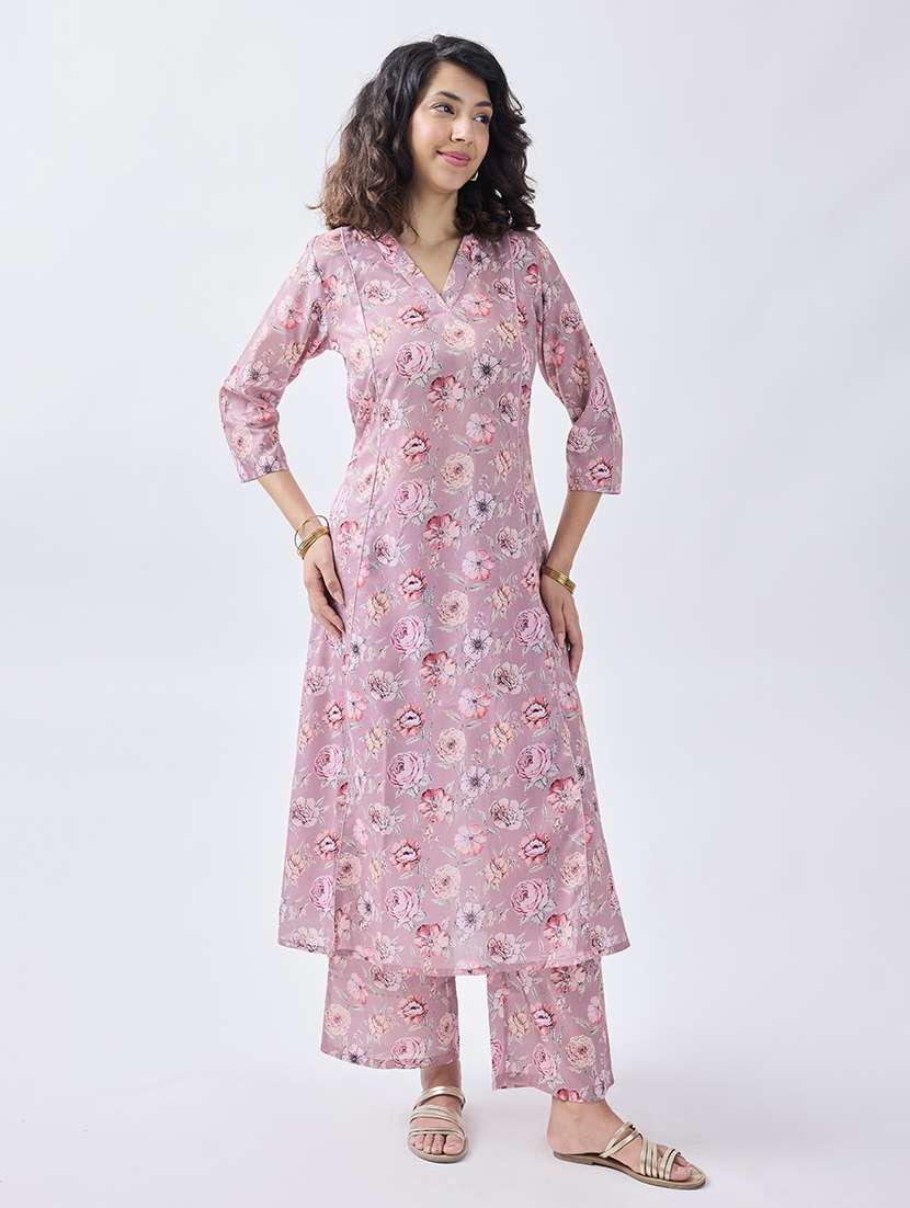 women pink floral printed kurta palazzo set 